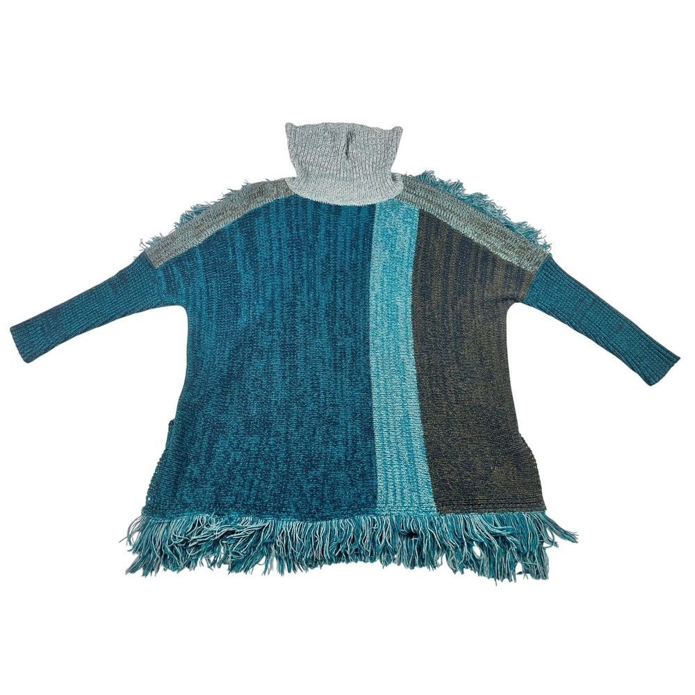 Curio New York Womens XS Teal Colorblock Fringe Oversized Turtleneck Sweater EUC